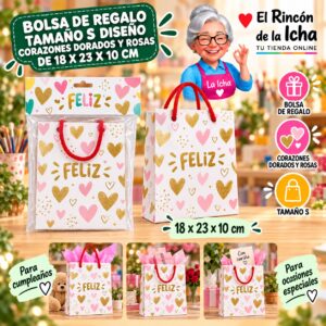 RI-0009895 Bolsa de Regalo Tamaño S Diseño Corazones Dorados y Rosas de 18 x 23 x 10 cm Feliz