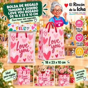 RI-0009896 Bolsa de Regalo Tamaño S Diseño Love You Rosado de 18 x 23 x 10 cm Feliz