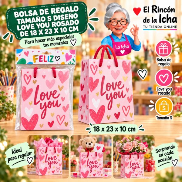 Bolsa de Regalo Tamaño S Diseño Love You Rosado de 18 x 23 x 10 cm Feliz