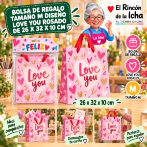 RI-0009897 Bolsa de Regalo Tamaño M Diseño Love You Rosado de 26 x 32 x 10 cm Feliz