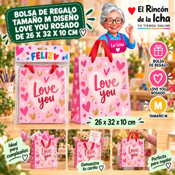 RI-0009897 Bolsa de Regalo Tamaño M Diseño Love You Rosado de 26 x 32 x 10 cm Feliz