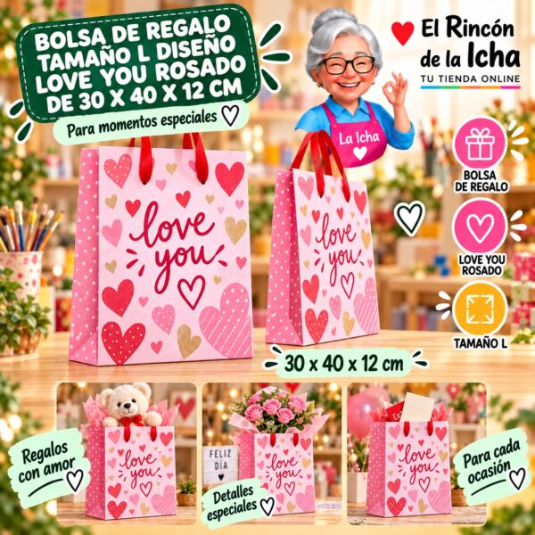 Bolsa de Regalo Tamaño L Diseño Love You Rosado de 30 x 40 x 12 cm Feliz