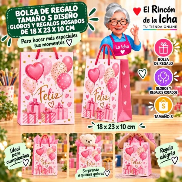 Bolsa de Regalo Tamaño S Diseño Globos y Regalos Rosados de 18 x 23 x 10 cm Feliz