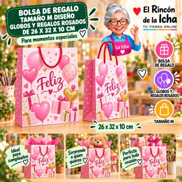 RI-0009900 Bolsa de Regalo Tamaño M Diseño Globos y Regalos Rosados de 26 x 32 x 10 cm Feliz
