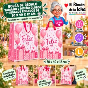 RI-0009901 Bolsa de Regalo Tamaño L Diseño Globos y Regalos Rosados de 30 x 40 x 12 cm Feliz