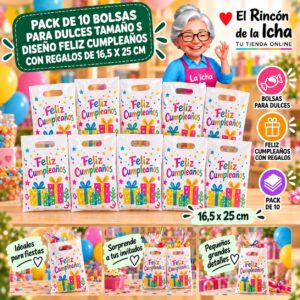 RI-0009902 Pack de 10 Bolsas para Dulces Tamaño S Diseño Feliz Cumpleaños con Regalos de 16,5 x 25 cm Feliz