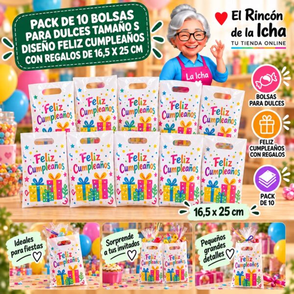 RI-0009902 Pack de 10 Bolsas para Dulces Tamaño S Diseño Feliz Cumpleaños con Regalos de 16,5 x 25 cm Feliz