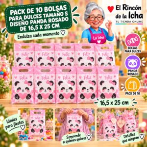 RI-0009903 Pack de 10 Bolsas para Dulces Tamaño S Diseño Panda Rosado de 16,5 x 25 cm Feliz