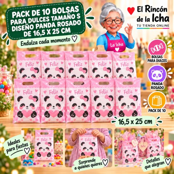 RI-0009903 Pack de 10 Bolsas para Dulces Tamaño S Diseño Panda Rosado de 16,5 x 25 cm Feliz
