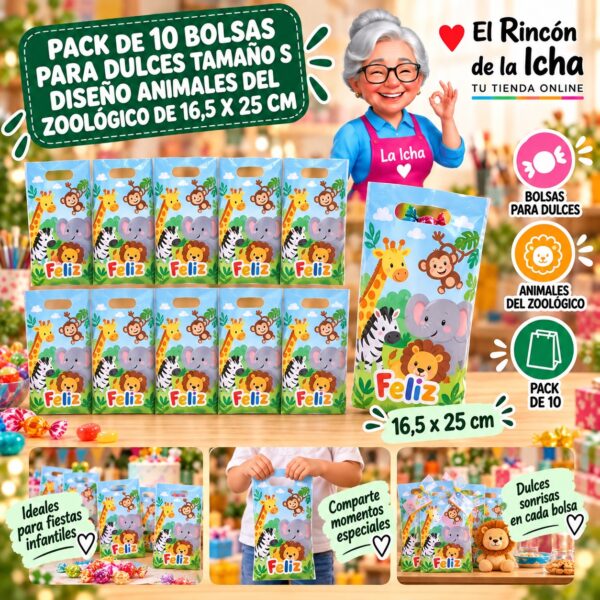 RI-0009904 Pack de 10 Bolsas para Dulces Tamaño S Diseño Animales del Zoológico de 16,5 x 25 cm Feliz