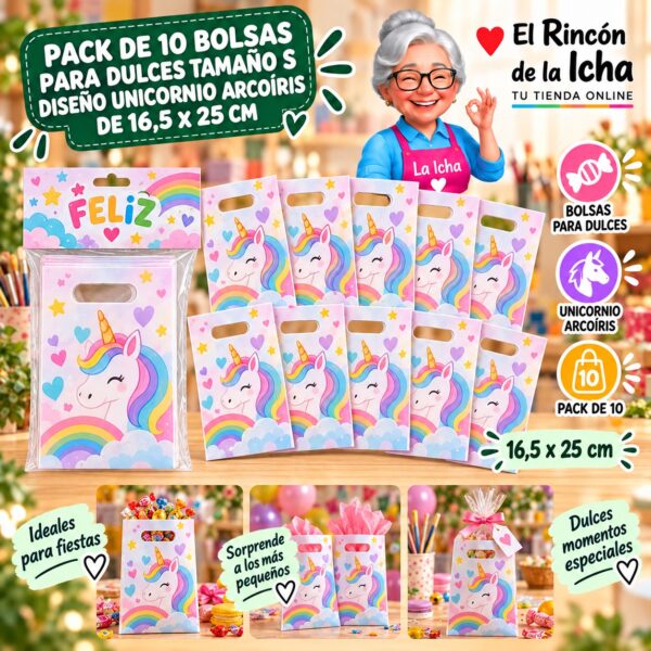 RI-0009905 Pack de 10 Bolsas para Dulces Tamaño S Diseño Unicornio Arcoíris de 16,5 x 25 cm Feliz