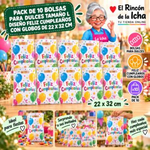 RI-0009906 Pack de 10 Bolsas para Dulces Tamaño L Diseño Feliz Cumpleaños con Globos de 22 x 32 cm Feliz