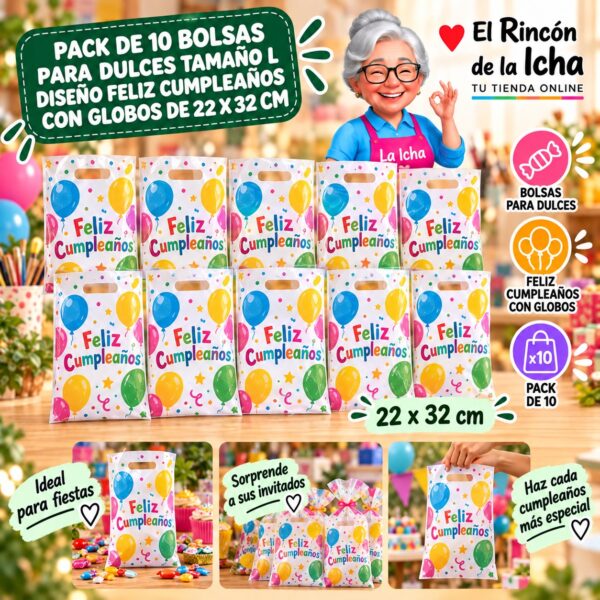 RI-0009906 Pack de 10 Bolsas para Dulces Tamaño L Diseño Feliz Cumpleaños con Globos de 22 x 32 cm Feliz
