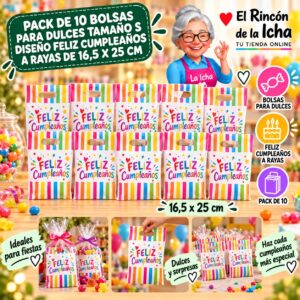 RI-0009907 Pack de 10 Bolsas para Dulces Tamaño S Diseño Feliz Cumpleaños a Rayas de 16,5 x 25 cm Feliz