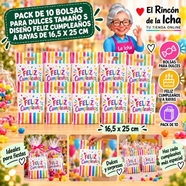 RI-0009907 Pack de 10 Bolsas para Dulces Tamaño S Diseño Feliz Cumpleaños a Rayas de 16,5 x 25 cm Feliz