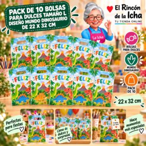 RI-0009908 Pack de 10 Bolsas para Dulces Tamaño L Diseño Mundo Dinosaurio de 22 x 32 cm Feliz