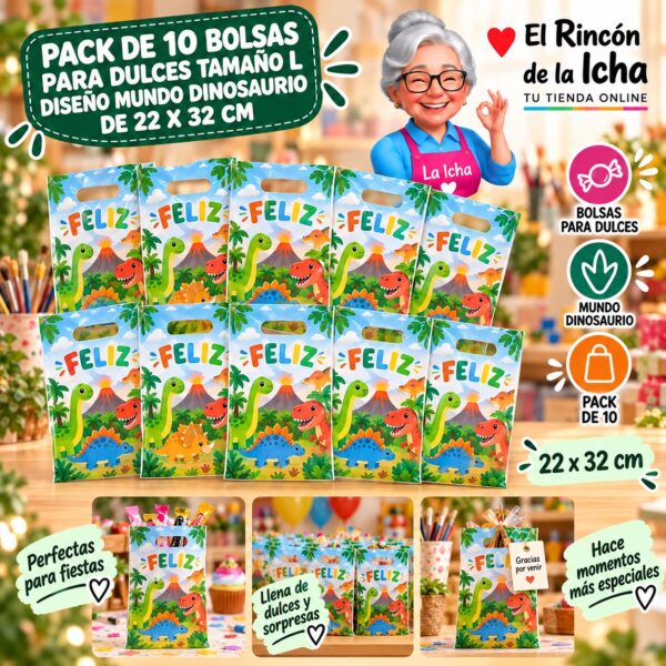 RI-0009908 Pack de 10 Bolsas para Dulces Tamaño L Diseño Mundo Dinosaurio de 22 x 32 cm Feliz