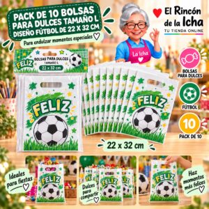 RI-0009909 Pack de 10 Bolsas para Dulces Tamaño L Diseño Fútbol de 22 x 32 cm Feliz