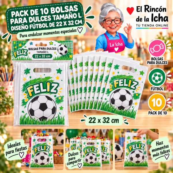 RI-0009909 Pack de 10 Bolsas para Dulces Tamaño L Diseño Fútbol de 22 x 32 cm Feliz