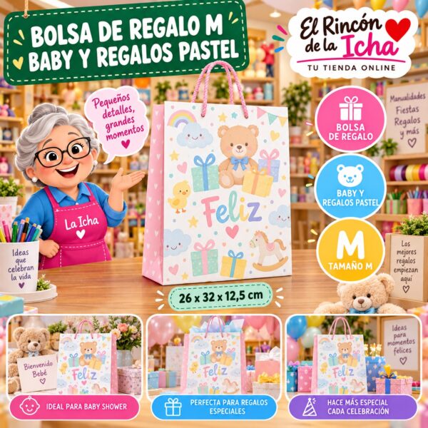 Bolsa de Regalo Tamaño M Diseño Baby y Regalos Pastel de 26 x 32 x 12,5 cm Feliz