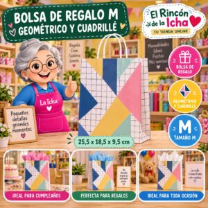 RI-0009912 Bolsa de Regalo Tamaño M Diseño Geométrico y Cuadrillé de 25,5 x 18,5 x 9,5 cm Feliz