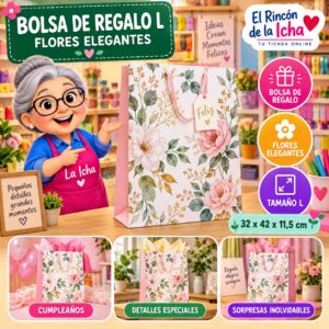 RI-0009914 Bolsa de Regalo Tamaño L Diseño Flores Elegantes de 32 x 42 x 11,5 cm Feliz