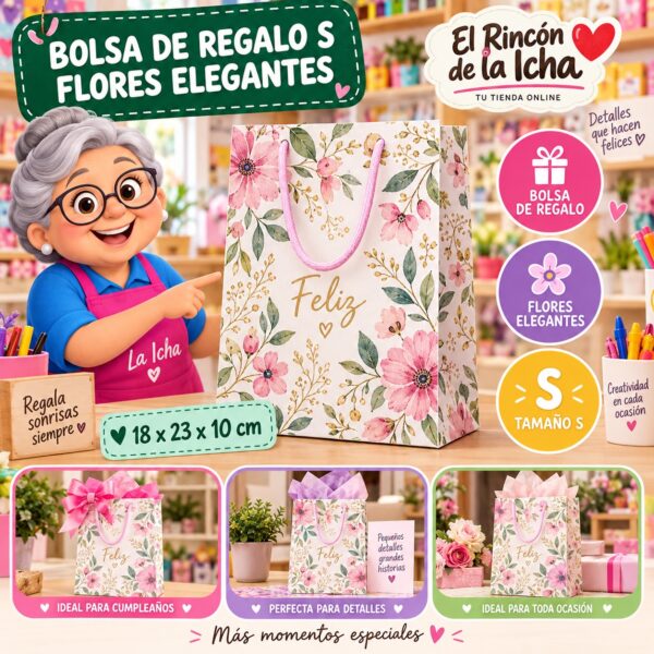 RI-0009915 Bolsa de Regalo Tamaño S Diseño Flores Elegantes de 18 x 23 x 10 cm Feliz