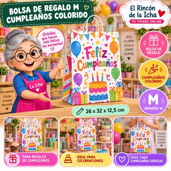 RI-0009916 Bolsa de Regalo Tamaño M Diseño Cumpleaños Colorido de 26 x 32 x 12,5 cm Feliz