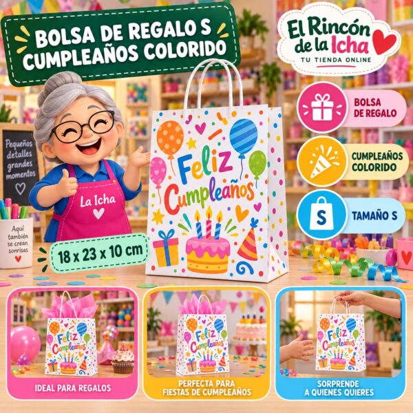RI-0009917 Bolsa de Regalo Tamaño S Diseño Cumpleaños Colorido de 18 x 23 x 10 cm Feliz