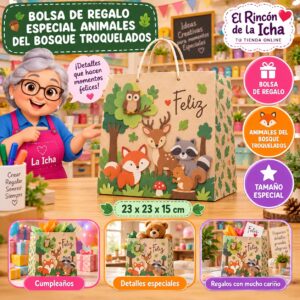 RI-0009918 Bolsa de Regalo Tamaño Especial Diseño Animales del Bosque Troquelados de 23 x 23 x 15 cm Feliz