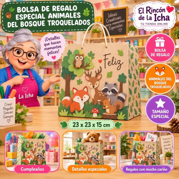 Bolsa de Regalo Tamaño Especial Diseño Animales del Bosque Troquelados de 23 x 23 x 15 cm Feliz