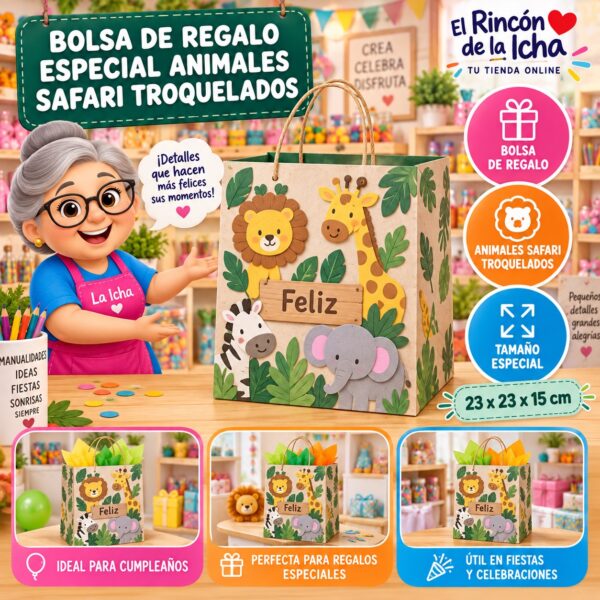 Bolsa de Regalo Tamaño Especial Diseño Animales Safari Troquelados de 23 x 23 x 15 cm Feliz