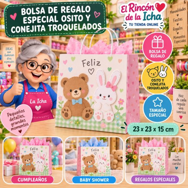 Bolsa de Regalo Tamaño Especial Diseño Osito y Conejita Troquelados de 23 x 23 x 15 cm Feliz