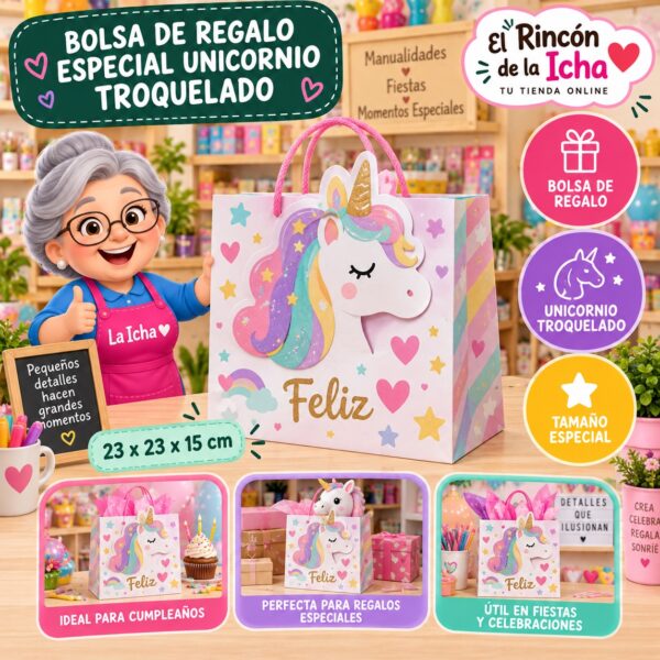 Bolsa de Regalo Tamaño Especial Diseño Unicornio Troquelado de 23 x 23 x 15 cm Feliz