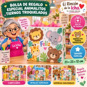 RI-0009922 Bolsa de Regalo Tamaño Especial Diseño Animalitos Tiernos Troquelados de 23 x 23 x 12 cm Feliz
