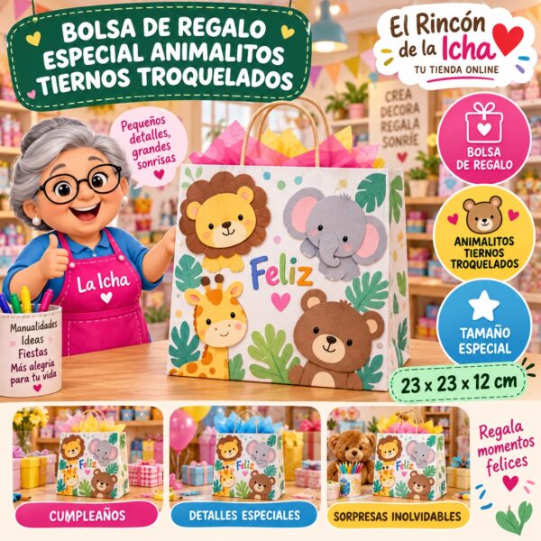 Bolsa de Regalo Tamaño Especial Diseño Animalitos Tiernos Troquelados de 23 x 23 x 12 cm Feliz