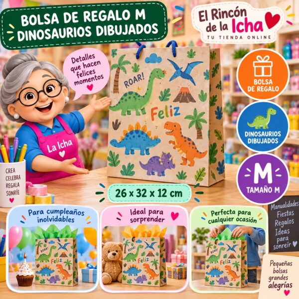 RI-0009923 Bolsa de Regalo Tamaño M Diseño Dinosaurios Dibujados de 26 x 32 x 12 cm Feliz