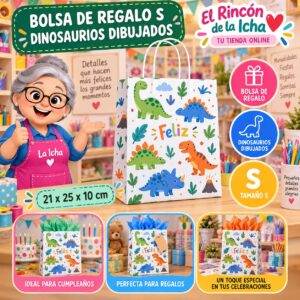 RI-0009924 Bolsa de Regalo Tamaño S Diseño Dinosaurios Dibujados de 21 x 25 x 10 cm Feliz