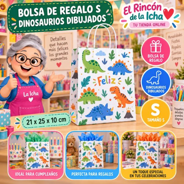 RI-0009924 Bolsa de Regalo Tamaño S Diseño Dinosaurios Dibujados de 21 x 25 x 10 cm Feliz