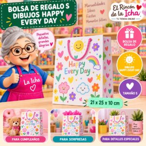 RI-0009925 Bolsa de Regalo Tamaño S Diseño Dibujos Happy Every Day de 21 x 25 x 10 cm Feliz