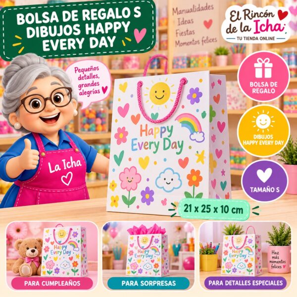 RI-0009925 Bolsa de Regalo Tamaño S Diseño Dibujos Happy Every Day de 21 x 25 x 10 cm Feliz
