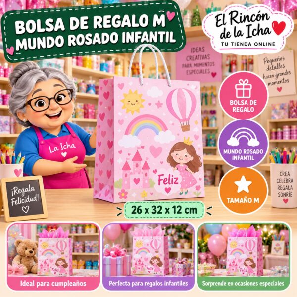 Bolsa de Regalo Tamaño M Diseño Mundo Rosado Infantil de 26 x 32 x 12 cm Feliz