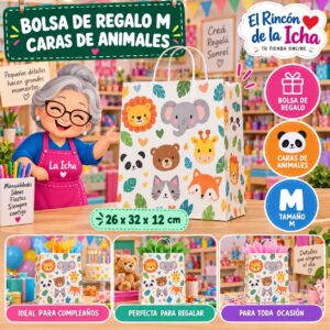 RI-0009927 Bolsa de Regalo Tamaño M Diseño Caras de Animales de 26 x 32 x 12 cm Feliz