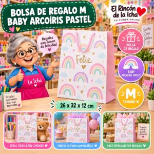 RI-0009928 Bolsa de Regalo Tamaño M Diseño Baby Arcoíris Pastel de 26 x 32 x 12 cm Feliz