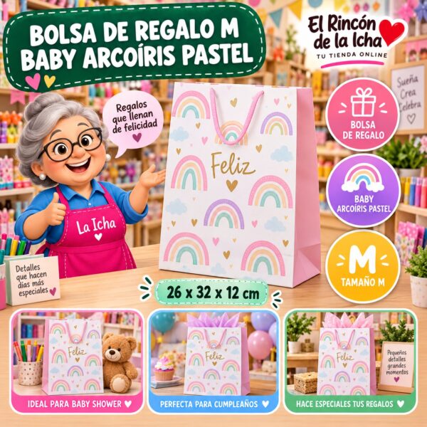 RI-0009928 Bolsa de Regalo Tamaño M Diseño Baby Arcoíris Pastel de 26 x 32 x 12 cm Feliz