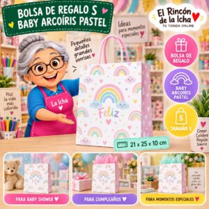 RI-0009929 Bolsa de Regalo Tamaño S Diseño Baby Arcoíris Pastel de 21 x 25 x 10 cm Feliz