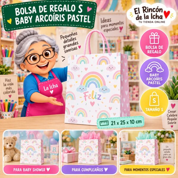 RI-0009929 Bolsa de Regalo Tamaño S Diseño Baby Arcoíris Pastel de 21 x 25 x 10 cm Feliz