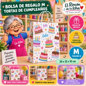 RI-0009930 Bolsa de Regalo Tamaño M Diseño Tortas de Cumpleaños de 26 x 32 x 10 cm Feliz