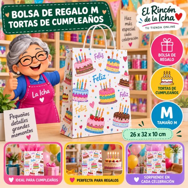 RI-0009930 Bolsa de Regalo Tamaño M Diseño Tortas de Cumpleaños de 26 x 32 x 10 cm Feliz