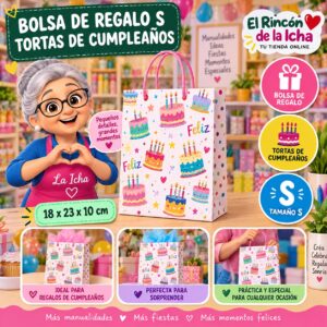 RI-0009931 Bolsa de Regalo Tamaño S Diseño Tortas de Cumpleaños de 18 x 23 x 10 cm Feliz